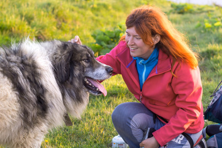 Smiling woman cuddling carpathian shepherd dog scenic photography. Picture of person with green meadow on background. High quality wallpaper. Photo concept for ads, travel blog, magazine, articleの写真素材
