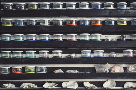 Close up rows of shelves with glass paint jars and seashells concept photo. Front view photography...