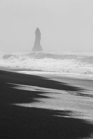 Iceland nature beauty monochrome landscape photo. Beautiful nature scenery photography with cliff on...