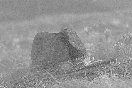 Knit fedora hat on early flowers grass meadow engraving hand drawn sketch. Black and white pencil...