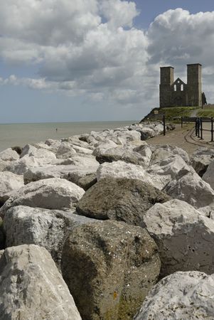 View along the sea defences towards Reculver Abbey.の写真素材