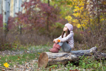 beautiful girl sitting on a log in the autumn forestの写真素材