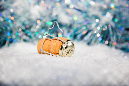 New Year's Eve/Champagne cork  in the snow new year's 2019の写真素材