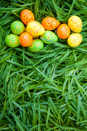 Multi-colored Easter eggs lie on the green grassの写真素材