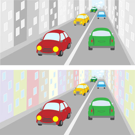 Colorful cars driving on the street of the city in different directions.Vector illustration in a flat styleのイラスト素材