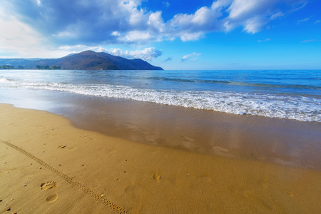 Sandy Beach  With Blue Sky In Georgioupolis, Island Crete, Greeceの写真素材