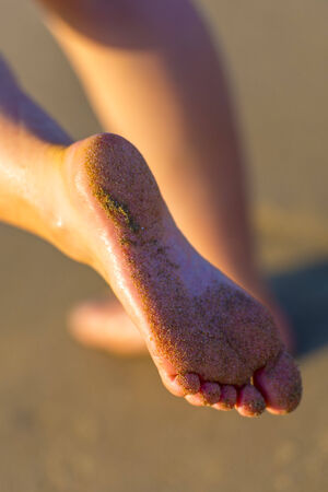 Sandy Female Feet On The Beach By Sunsetの写真素材