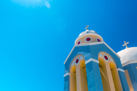 Typical Greek Catholic Church in Fira, Island Santorini, Greeceの写真素材