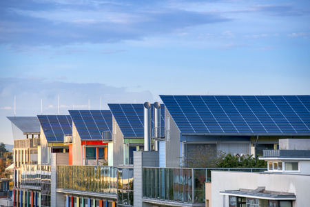 Details of the Sunship ( Sonnenschiff ) in green City, Freiburg. The solar sunship is in the solar village Vauban in Freiburg, Black Forest, Germany. It is known for its use of alternative and renewbale energy.