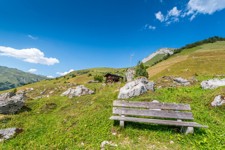 Beautiful Mounain Landscape in the Alps, in St. Antnien, Switzerlandの写真素材
