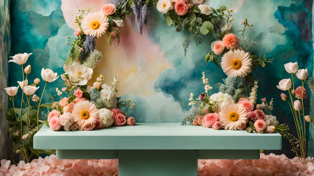 Beautiful flowers on turquoise table. Wedding decoration with flowers.の素材