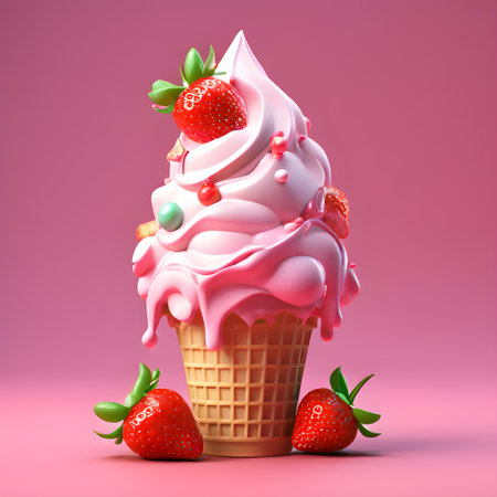 Strawberry ice cream in waffle cone. 3d illustrationの素材