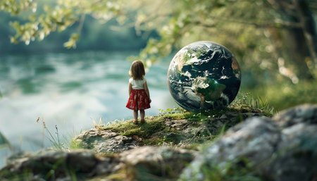 Little girl standing on a rock near the river and holding a globe.の素材