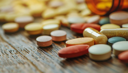 medicine pills on a wooden background. Tinting. selective focusの素材