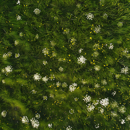 Green grass with white daisies as background, top view.の素材