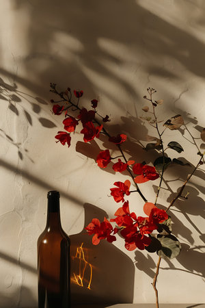Bougainvillea flowers and bottle of wine on white background.の素材