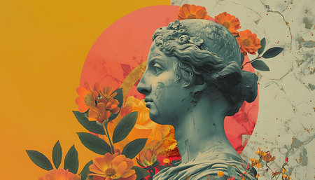 The head of the ancient Greek goddess with flowers on a grunge backgroundの素材