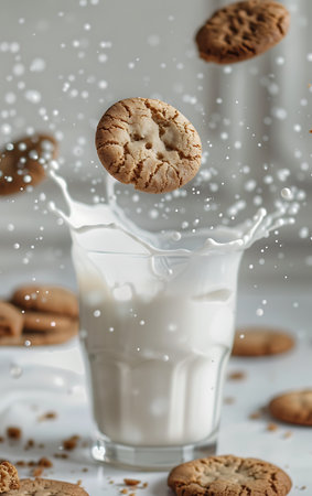 Milk splash in glass with cookies on white background, closeupの素材