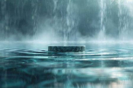 abstract scene with a round wooden stand on the water in the rainの素材