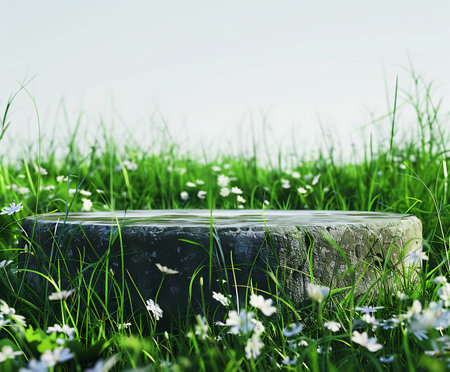 Empty stone podium in green grass with daisies. 3d renderの素材