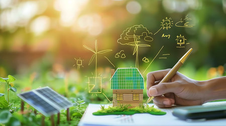 Hand of business man drawing house model with solar panel and wind turbine on green backgroundの素材