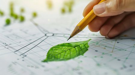 Close-up image of human hand drawing green leaf on paper with pencilの素材