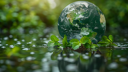 Globe with green leaves in water. Elements of this image furnished by NASAの素材