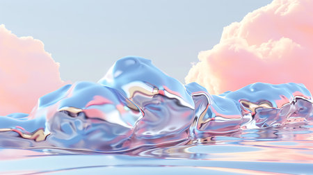 3d render of blue water with pink clouds in the sky.の素材