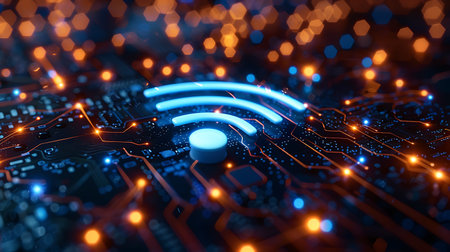 Circuit board with blue lights, 3d rendering. Computer digital drawing.の素材