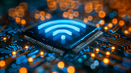 Circuit board with wi-fi signal, close-up viewの素材