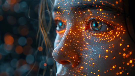 Close up of female face with digital circuit. Artificial intelligence concept. 3D Renderingの素材