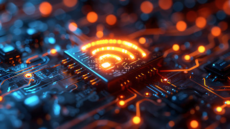 Circuit board close-up. Technology background. 3d renderingの素材