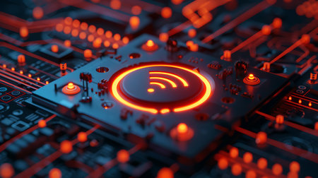 Close up of a printed circuit board with radio signal. 3d renderingの素材