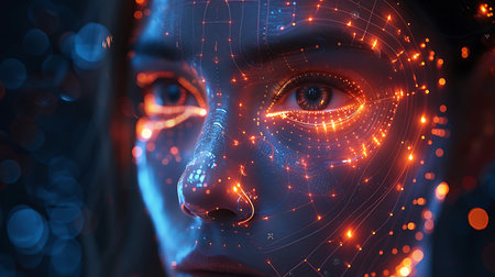 3d rendering cyborg woman face with circuit brain on dark backgroundの素材