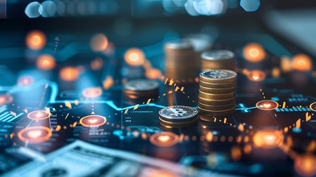 Double exposure of coin stack and stock market graph, business and financial concept idea.の素材