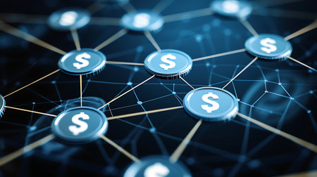 3d rendering of blue dollar symbols connected with network on dark backgroundの素材