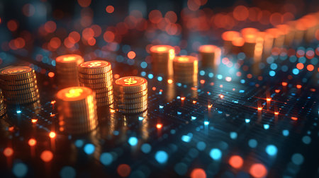 3d illustration of coin stack with glowing light bokeh backgroundの素材