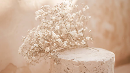 White gypsophila flowers on a white podium in the interiorの素材