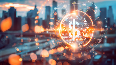 Double exposure of glowing dollar sign and cityscape background. Concept of international trading.の素材