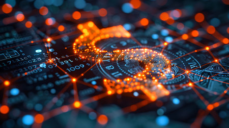 3d rendering of cryptocurrency coin with circuit board background. Cryptocurrency conceptの素材