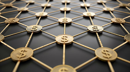 Golden dollar sign on a network background. 3d render illustration.の素材