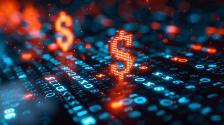 3d rendering of dollar sign on digital binary code background. Cryptocurrency conceptの素材