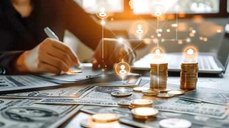 Businessman working with finances about cost and social network structure diagram.の素材