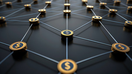 3d illustration of network with golden dollar sign over black background.の素材