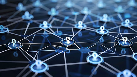 3d illustration of social network concept with connection lines over dark blue backgroundの素材