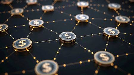 3D render of a network of coins with dollar sign on itの素材