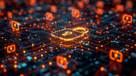 Cyber security concept. 3d illustration of circuit board with binary codeの素材