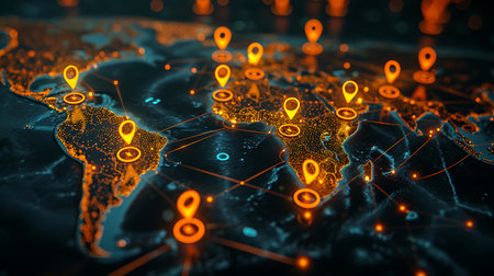 Map of the world with glowing pointers and connections. 3d renderingの素材