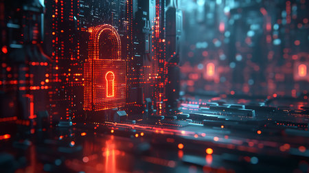 Cyber security concept with glowing padlock. 3D Renderingの素材