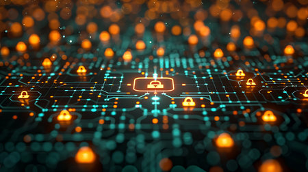 Cyber security concept. 3d rendering toned image double exposureの素材